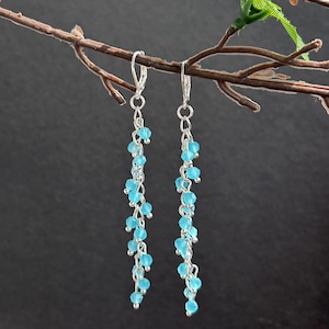 Long Blue Dangle Earrings - Handmade Beaded Earrings - Lightweight Elegant Earrings - 925 Sterling Silver - Glass Bicone Beads