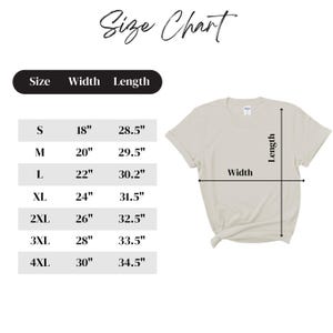 May include: A beige t-shirt with a size chart. The chart lists sizes S to 4XL, with corresponding width and length measurements in inches. The text "Size Chart" is at the top.