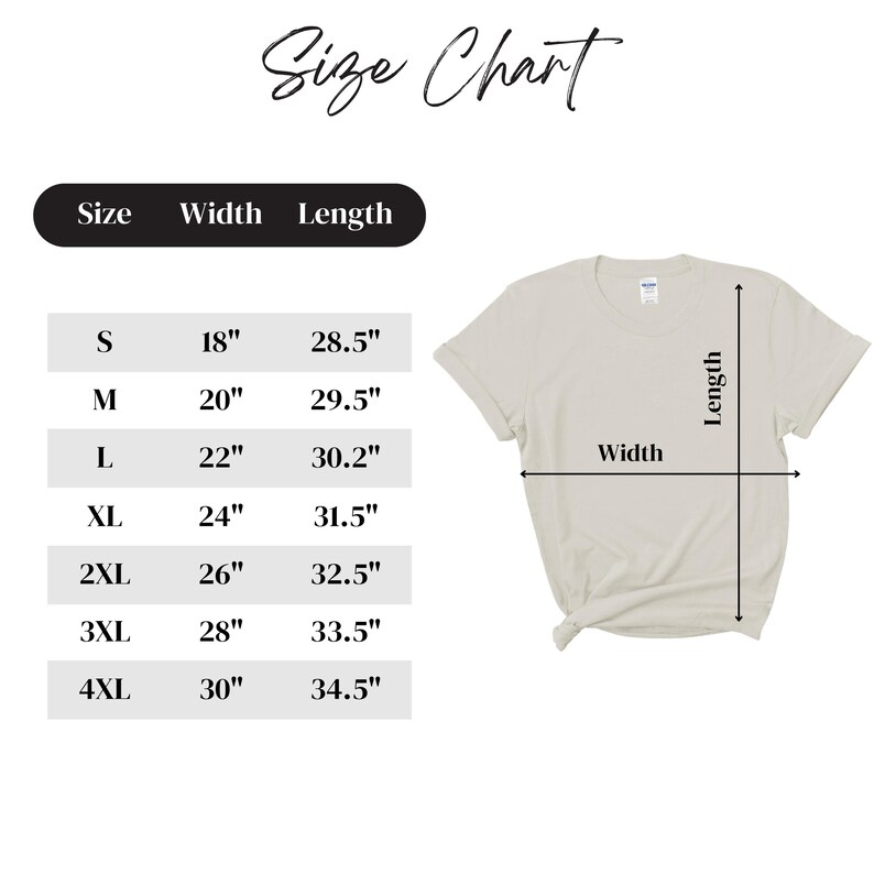 May include: A beige t-shirt with a size chart. The chart lists sizes S to 4XL, with corresponding width and length measurements in inches. The text "Size Chart" is at the top.