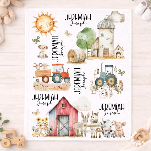 Personalized Farm Themed Baby Blanket: Watercolor Animals, Tractor, Barn Nursery Swaddle