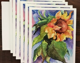 FREE SHIPPING, Sunflower, Sunny,Blank Notecards, Cards, Summer,Flowers, Floral, Garden, Watercolor Fine Art Print by Janet Dosenberry
