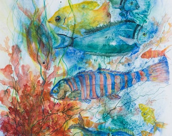 Fine Art Watercolor Giclee Print Showing Sea Life in Blue Green Water Amongst Colorful Plants and Coral by Janet Dosenberry