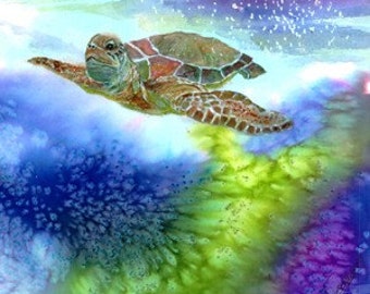 Fine Art Watercolor Giclee Print A Sea Turtle Swimming Underwater in Ocean Tropical Coastal Waters& Living Coral Reefs by Janet Dosenberry