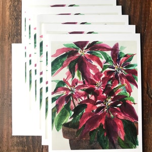 Poinsettia Holiday Cards, Watercolor Art Print, Set of 6