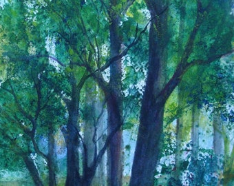 Forests Edge, Forest Floor, Trees, Day-time, Greens, Blues, Landscape, Woods, Woodlands,Original Watercolor Painting  Janet Dosenberry