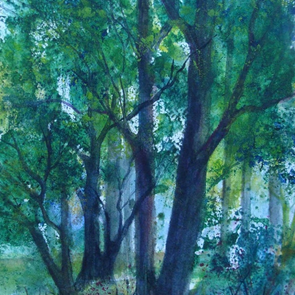 Forests Edge, Forest Floor, Trees, Day-time, Greens, Blues, Landscape, Woods, Woodlands,Original Watercolor Painting  Janet Dosenberry