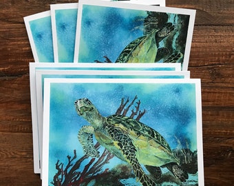 Fine Art Watercolor Print Made Into Of Cards  A Sea Turtle Searching For Food Coral Reefs, Sea Life & Plants In Aqua Sea by Janet Dosenberry