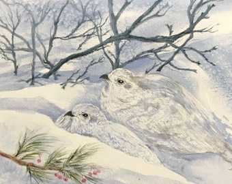 Ptarmigan,White-Tailed Winter Birds,White Plumage, Rock and Willow, Red Berries,Watercolor Fine Art Print,Winter Scene,Janet Dosenberry