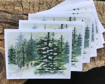 A Fine Art Watercolor Image that is Blank Winter Holiday Card or a Christmas Card Showing Heavy Snow On Pine & Bare Trees Janet Dosenberry