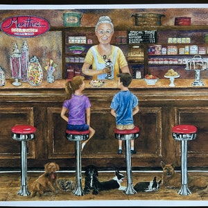 Soda Fountain,BostonTerrier's, Cocker Spaniel's,Dogs,Good Old Days,Sundaes and Floats, Apothecary Candy Jars,Fine Art Print,Janet Dosenberry image 1