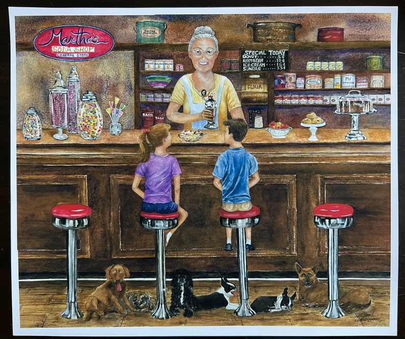 Soda Fountain,BostonTerrier's, Cocker Spaniel's,Dogs,Good Old Days,Sundaes and Floats, Apothecary Candy Jars,Fine Art Print,Janet Dosenberry image 1