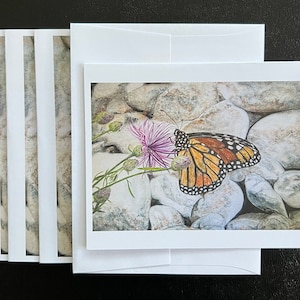 A Fine Art Watercolor Print Made Into Note Card Of Flowers Rocks Monarch Butterfly on Straits of Mackinaw, Mackinaw Island Janet Dosenberry