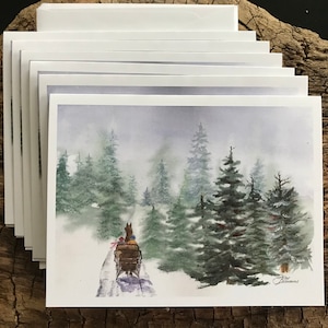 A Fine Art Watercolor Image that is a Blank Winter Holiday Card or a Christmas Card Showing Heavy Snow on Pine & Bare Trees Janet Dosenberry