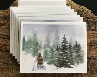 A Fine Art Watercolor Image that is a Blank Winter Holiday Card or a Christmas Card Showing Heavy Snow on Pine & Bare Trees Janet Dosenberry