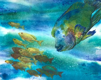 Fine Art Original Watercolor  Feel Good Painting With Vivid Colors Of The Aqua Blue Sea & Ocean Life in Movement by Janet Dosenberry