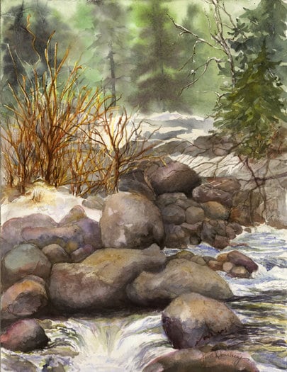 Landscape, Water, Colorado, Rocks, Woods, Woodlands, Forest Floor, Brook, Snow, High-Quality Watercolor Giclee 16"x 21" by Janet Dosenberry