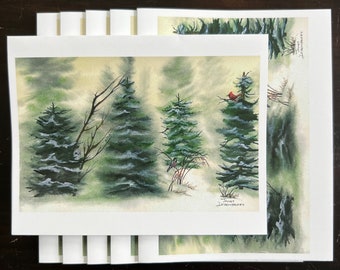 A Fine Art Watercolor Print In Snowy Forest of Evergreen & Bare Trees With Snowy Owl, Black Capped Chicadee, Red Cardinal Janet Dosenberry