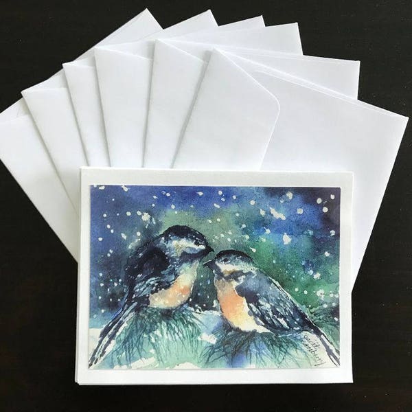 Fine Art Watercolor image Christmas Card with Chicadee Birds Perched On A Evergreen Tree Snowy Winter Night by Janet Dosenberry