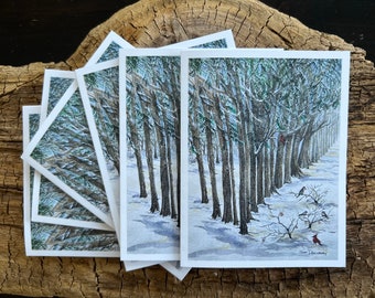 Fine Watercolor Image That has been Made into a Christmas Card or Winter Card Showing Snowy Forest of Trees and Birds by Janet Dosenberry