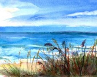 Fine Art Watercolor High Quality Giclee Print Of Sienna Sandy Beach, Shoreline, Surf, Beach Grass, Aqua Water by Janet Dosenberry