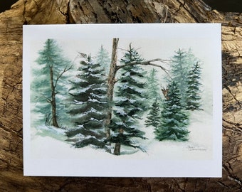 Fine Art Watercolor Image Made into A Print Showing Forest of Snow Covered Evergreens,Bare Trees,Bl Capped Chicadee,Deer by Janet Dosenberry