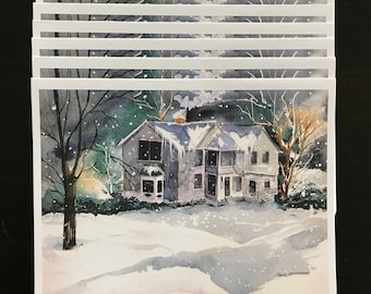 Fine Art Watercolor Print Made Into Christmas Cards, A Cold Winter Snowy, Landscape With Verse by Janet Dosenberry