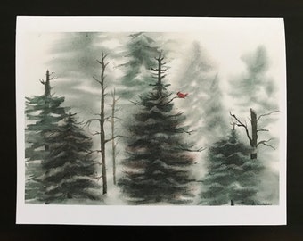 Fine Art Print Watercolor Image in Evergreen Forest Showing Greens & Red With Bare Trees, Snowy Landscape, Red Cardinals by Janet Dosenberry