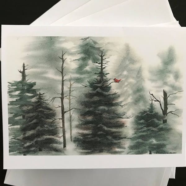 Fine Art Print Watercolor Image Christmas Card Set Evergreen Forrest & Bare Trees, Snowy Landscape,Red Cardinal  by Janet Dosenberry