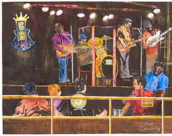 BB Kings, Beale St, Memphis, Night-club, Band, Blue's, Music, Jazz, Instruments, Orignial Mixed- Media Fine Art by Janet Dosenberry