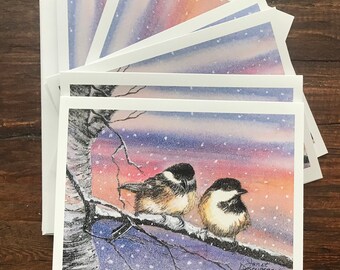 Fine Art Watercolor Card Set With Two Black Capped Chickadees In Snowy Sunset Side By Side In a Birch Tree By Janet Dosenberry