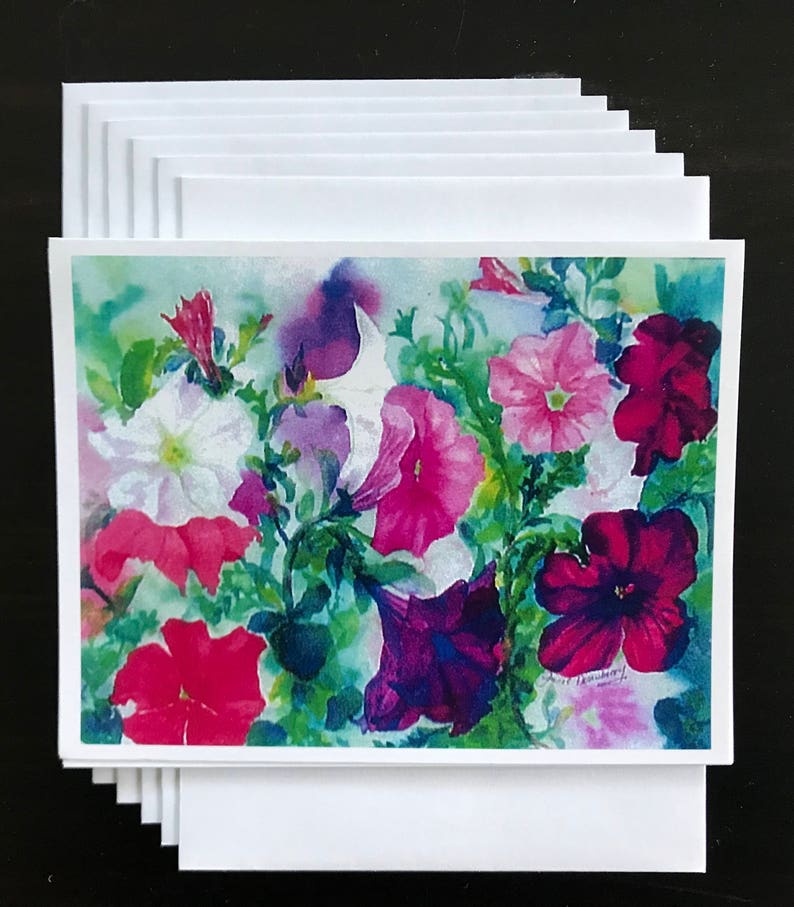 Fine Art Giclee Print Image Made Into Note Card With Colorful Floral Petunia Blooms Garden Pure Summer Time Beauty by Janet Dosenberry image 1