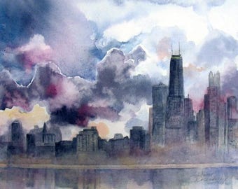 Fine Art Watercolor Print, Misty Fog In Chicago, Tall Skyscrappers,Willis Tower & Sears Tower In The Clouds by Janet Dosenberry