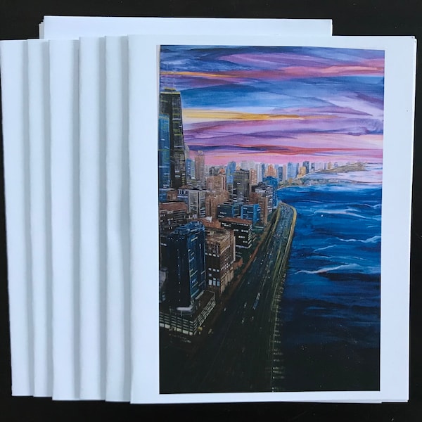 Fine Art Print Image Made Into Card, Downtown Chicago On Lakeshore Dr, Skyscrappers,Willis Tower,John Hancock,Sunset by Janet Dosenberry