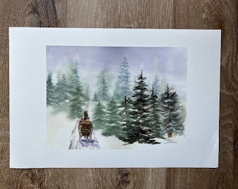 A Fine Art Watercolor Image Showing a Horse Drawn Sleigh a Daylight Cold Winter Scene Going Into The Forest of Trees by Janet Dosenberry