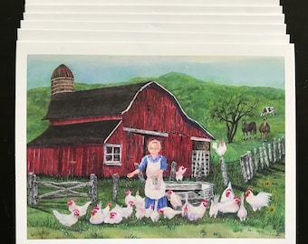 Watercolor Farm Art Cards, Grandma Feeding Chickens, Red Barn (Set of 6)