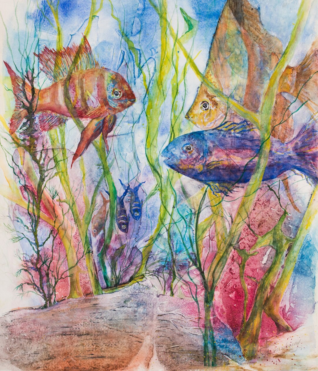 Fine Art Watercolor Print Showing Sea Life in Blue Green Ocean Water