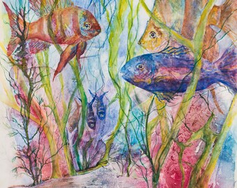 Fine Art Watercolor Print Showing Sea Life in Blue Green Ocean Water Amongst The Colorful Coral by Janet Dosenberry