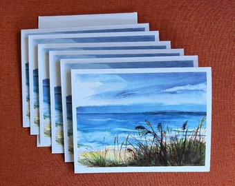 Fine Art Watercolor Print Made into a Blank Card the Beach, Tall Grass & Blue Green Colored  Water of Lake Michigan by Janet Dosenberry