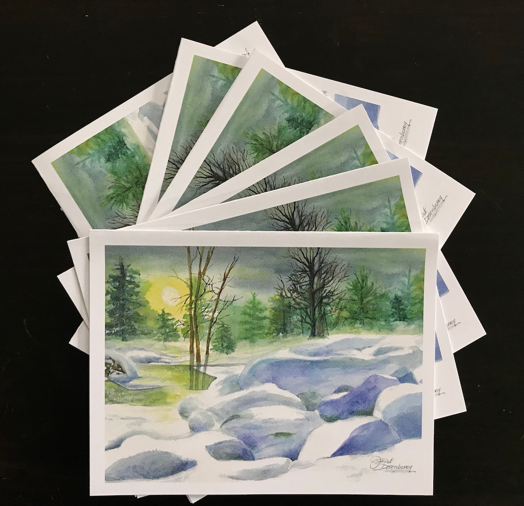 Winter Sunset Watercolor Cards, Snowy Woodland Art, Set of 6 - Etsy