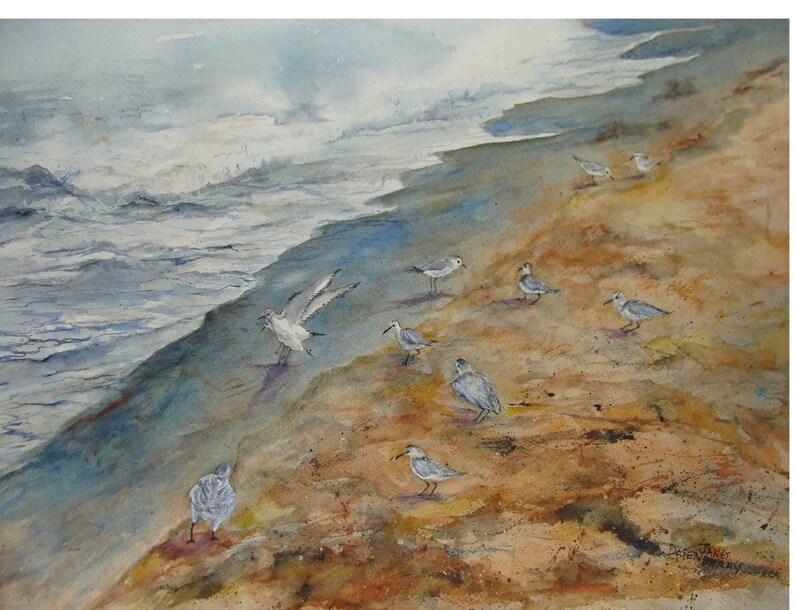 Surf ,Seagulls, Birds Gathering,Sienna Sandy Beach,Shoreline, Misty Lake Michigan, Watercolor Art 10.25H x 13.50W by Janet Dosenberry image 1