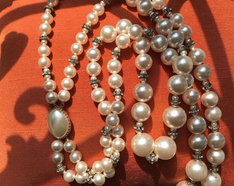 Vintage Two-Stranded Faux-Pearl Necklace with Rhinestone Ring Beads, Mid-Century Jewelry from 50's, Stunning Free Shipping Janet Dosenberry