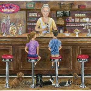 Soda Fountain,BostonTerrier's, Cocker Spaniel's,Dogs,Good Old Days,Sundaes and Floats, Apothecary Candy Jars,Fine Art Print,Janet Dosenberry image 3