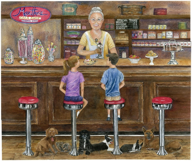 Soda Fountain,BostonTerrier's, Cocker Spaniel's,Dogs,Good Old Days,Sundaes and Floats, Apothecary Candy Jars,Fine Art Print,Janet Dosenberry image 3