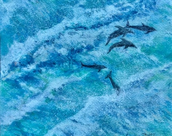 A Fine Art Watercolor Original Artwork Of Playful Dolphins enjoying the Wild Blue Turquoise Sea Artwork by Janet Dosenberry