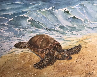 Fine Art Watercolor Print Of Sea Turtle On Sunny Sandy Beach Resting With Wild Aqua Blue Green Sea & Marine Life by Janet Dosenberry