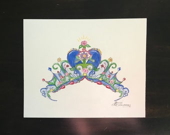 Fine Art  Watercolor Print Of A Rose Jeweled Crown In Blues, Red, Green & Yellow Perfect To Brighten a Wall by Janet Dosenberry