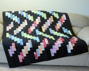 Rainbow Lap Quilt on Black, Quilted Sofa Throw, Bright Scrappy Large Throw, Handmade Scrappy Patchwork Lap Quilt