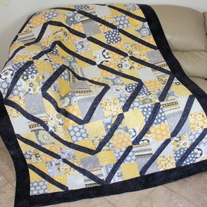 Beautiful and Cozy Gray and Yellow Lap Quilt,  Quilted Sofa Throw, Asymmetrical Handmade Patchwork Quilt