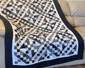 Scrappy "Perspective" Black and White Lap Quilt -  Handmade Patchwork Quilted Sofa Throw