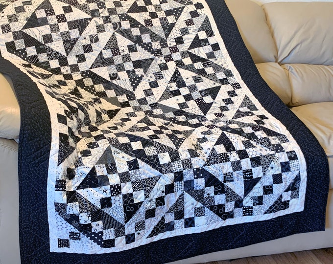 Scrappy "perspective" Black and White Lap Quilt - Handmade Patchwork ...